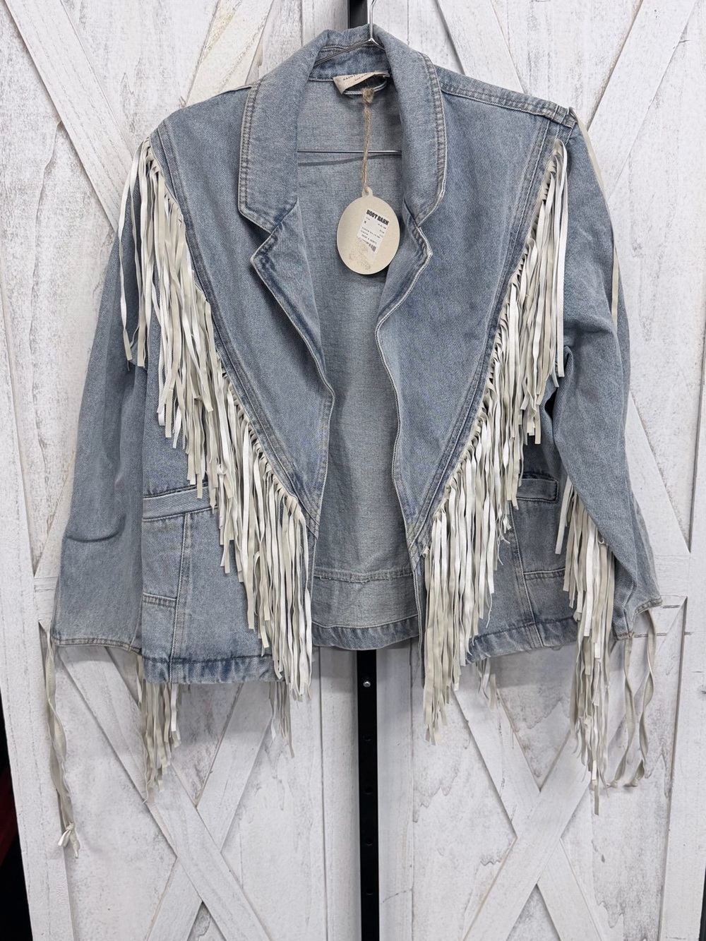 Saints & Hearts Light Blue Fringe Denim Jacket with White Trim - Picture 6 of 10